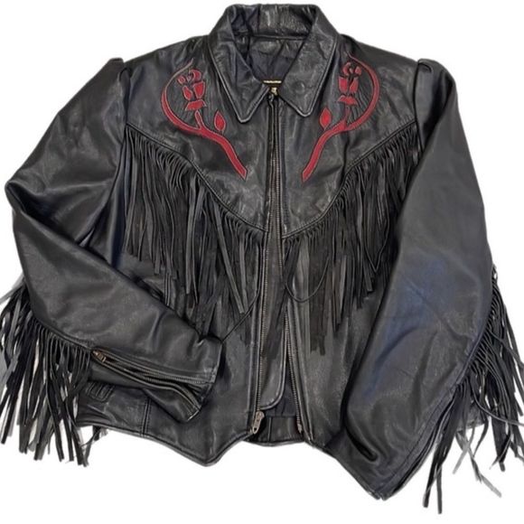 Vintage Black Leather Fringe Motorcycle Jacket